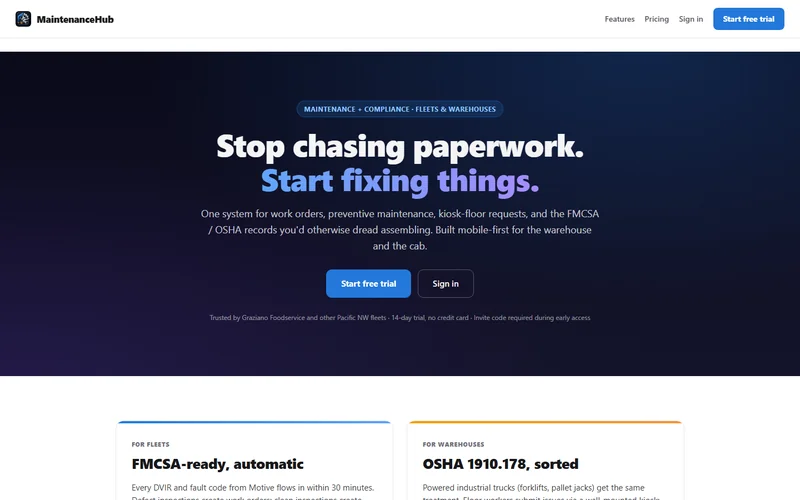 MaintenanceHub landing page